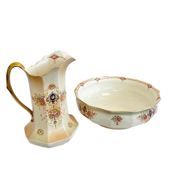 (72130015)PITCHER/WASH BASIN-Antique Crown Devon Beige w/Floral & Gold Detailing Matching Pitcher & Basin