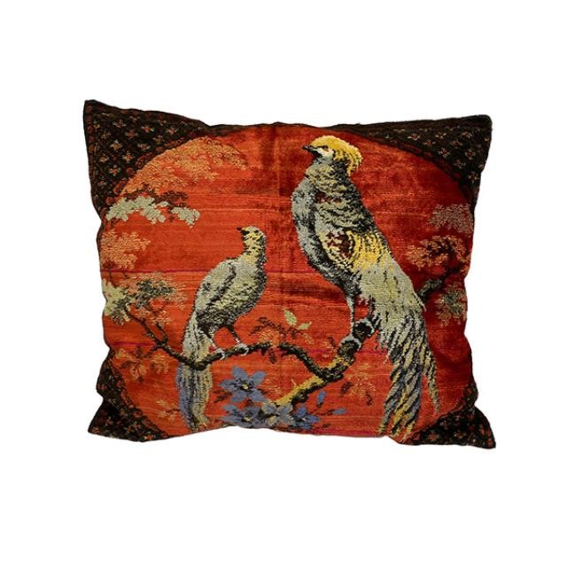 (50061156)THROW PILLOW-Velvet Burgundy w|(2)Birds on Branch