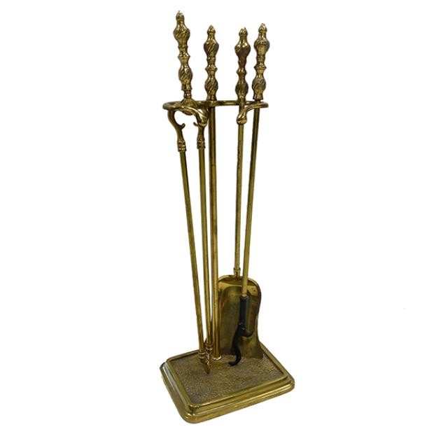 (48160035)FIREPLACE TOOLS-Brass Stand w|3 Tools & Sqaure Base