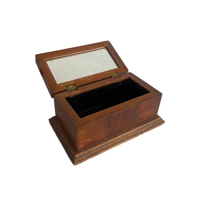 (52410678)BOX w|LID-Wooden Oak Box w|Decorative Wooden Diamond in Center & Mirror Inside Box