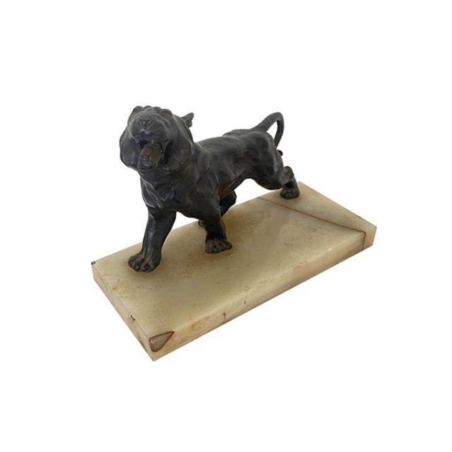 (52170138)STATUE-Black Metal Jaguar on Marble Base