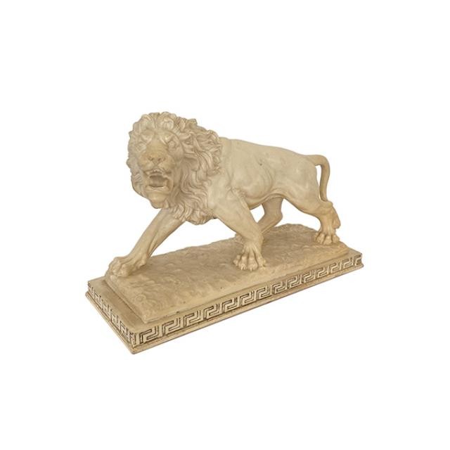 (52170139)STATUE-White Lion Faux Marble w|Greek Key on Base