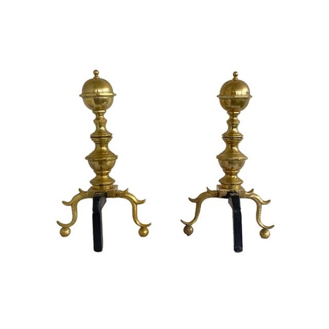 (48100022)ANDIRONS-Antique American Georgian Brass (Pair)