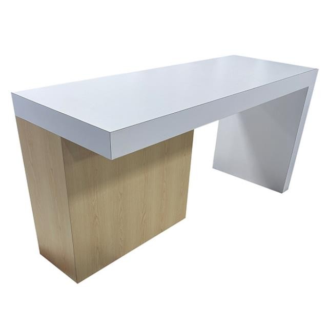 (40130357)DESK-White Laminate Desk w|Natural Wood Laminate Pedestal