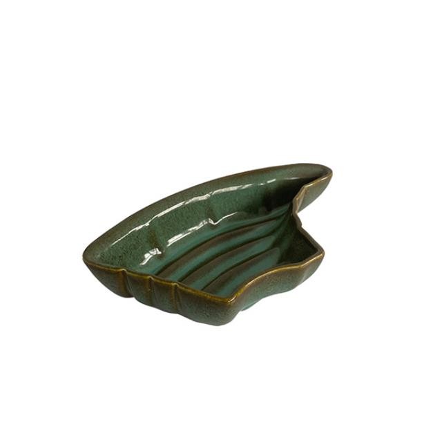 (09350076)CONDIMENT DISH-Green & Brown LAF Wing Dish w|Swirl Pattern in Center