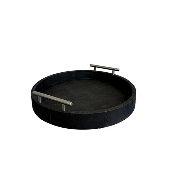 (25300422)TRAY-Dark Gray Shagreen Round Tray w|Chrome Handles