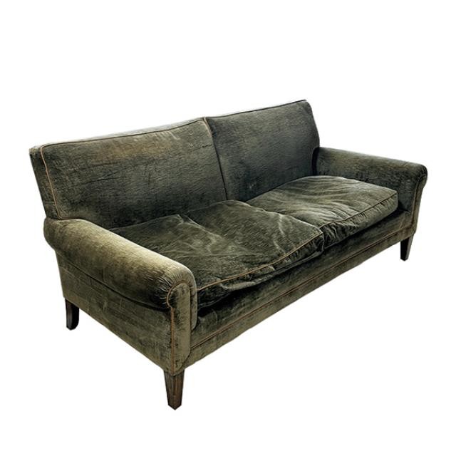 SOFA-Dark Green Velvet w|Piping & Rolled Arms