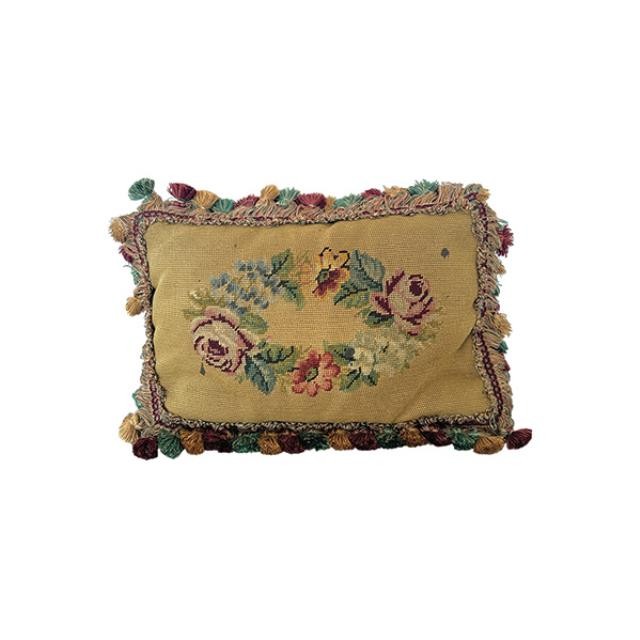 THROW PILLOW-Rectangular Beige Pillow w|Floral Wreath & Fringed Trim