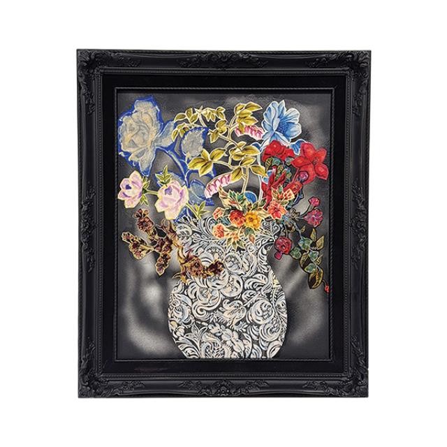 (HDEW0121)FRAMED ART-Decoupage Black & White Vase w|Multi Colored Flowers