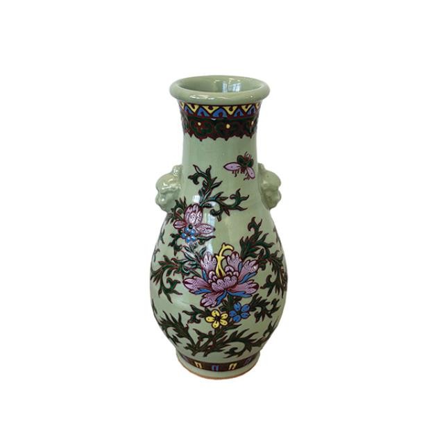 (52571078)VASE-Teal w|Multi-Colored Florals & Leaves