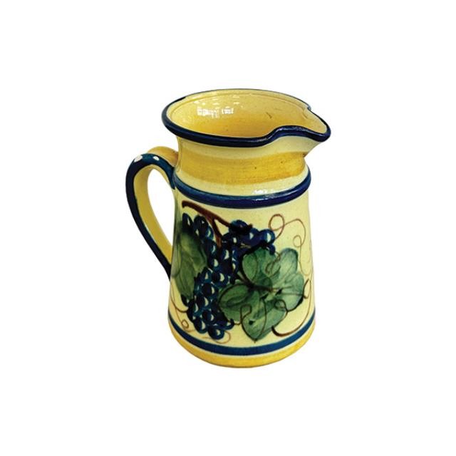 (23180309)PITCHER-Vintage Clay Pottery-Beige w|Blue Trim & Painted Flowers