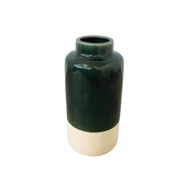 (52571083)VASE-Ceramic Glazed Forest Green w|Beige Bottom