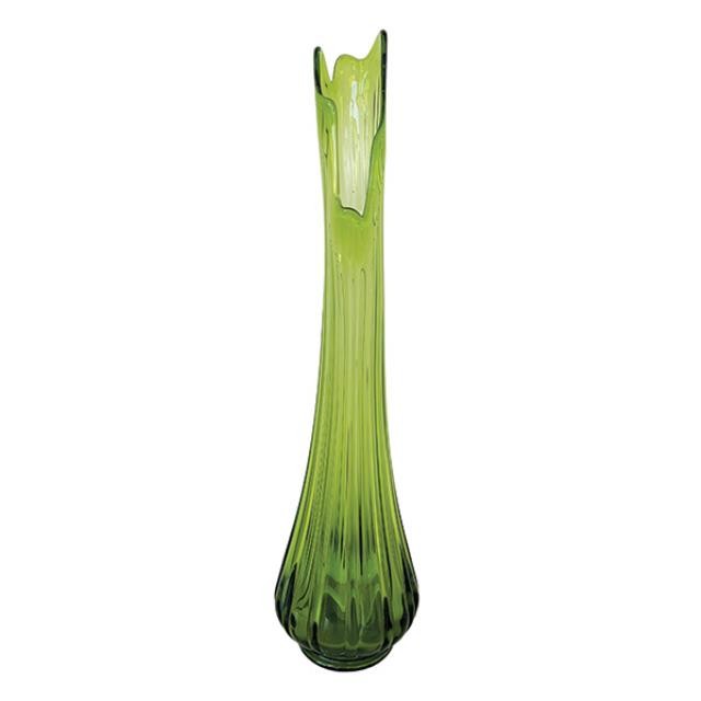 (52571086)VASE-Green Glass Ribbed w|Asymmetrical Top