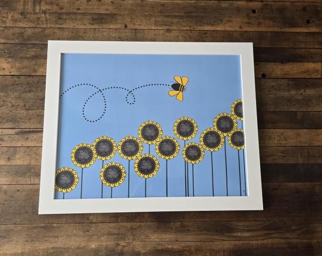 Framed Poster-Sunflower Beeline |Blue |White Frame