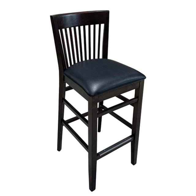 (40150235)BAR STOOL-Dark Walnut Vertical Back w|Black Vinyl Seat