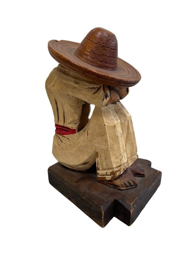 FIGURINE-Mexican Carved Wood Resting Man 7"