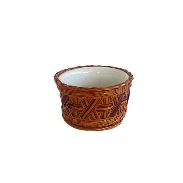 (10340028)RAMEKIN-White Ceramic Bowl in Wicker Basket